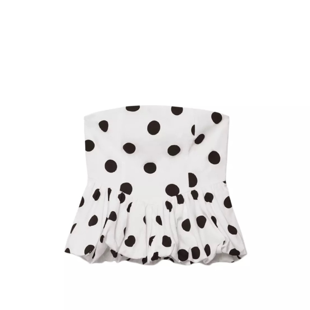 stradivarius White Strapless Peplum Top with Black Polka Dots